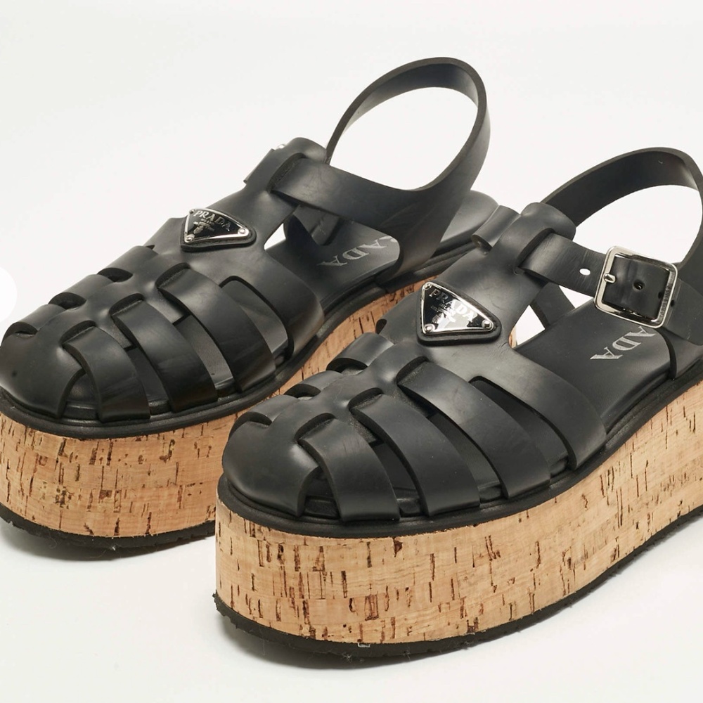 Prada Prada Black Rubber Monolith Platform Cork Sandals
